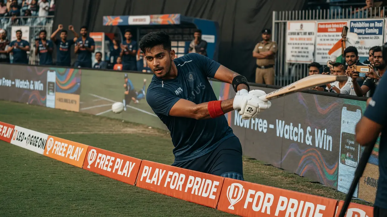 Cricket batter mid-shot under stadium lights with a blurred crowd behind the boundary