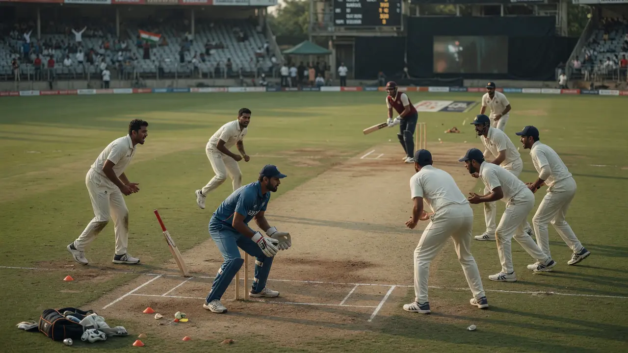 Fielders and a bowler set in a medium tactical frame on the cricket field during a match