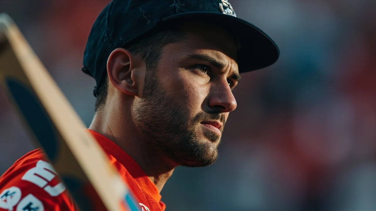Tight sideline frame of a cricket batter in a Hundred-style innings