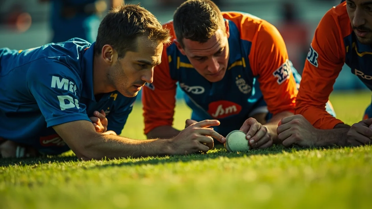 Cricket field with players positioned for a tactical phase of a white-ball innings